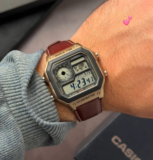 Casio vintage Digital brown leather strap watch